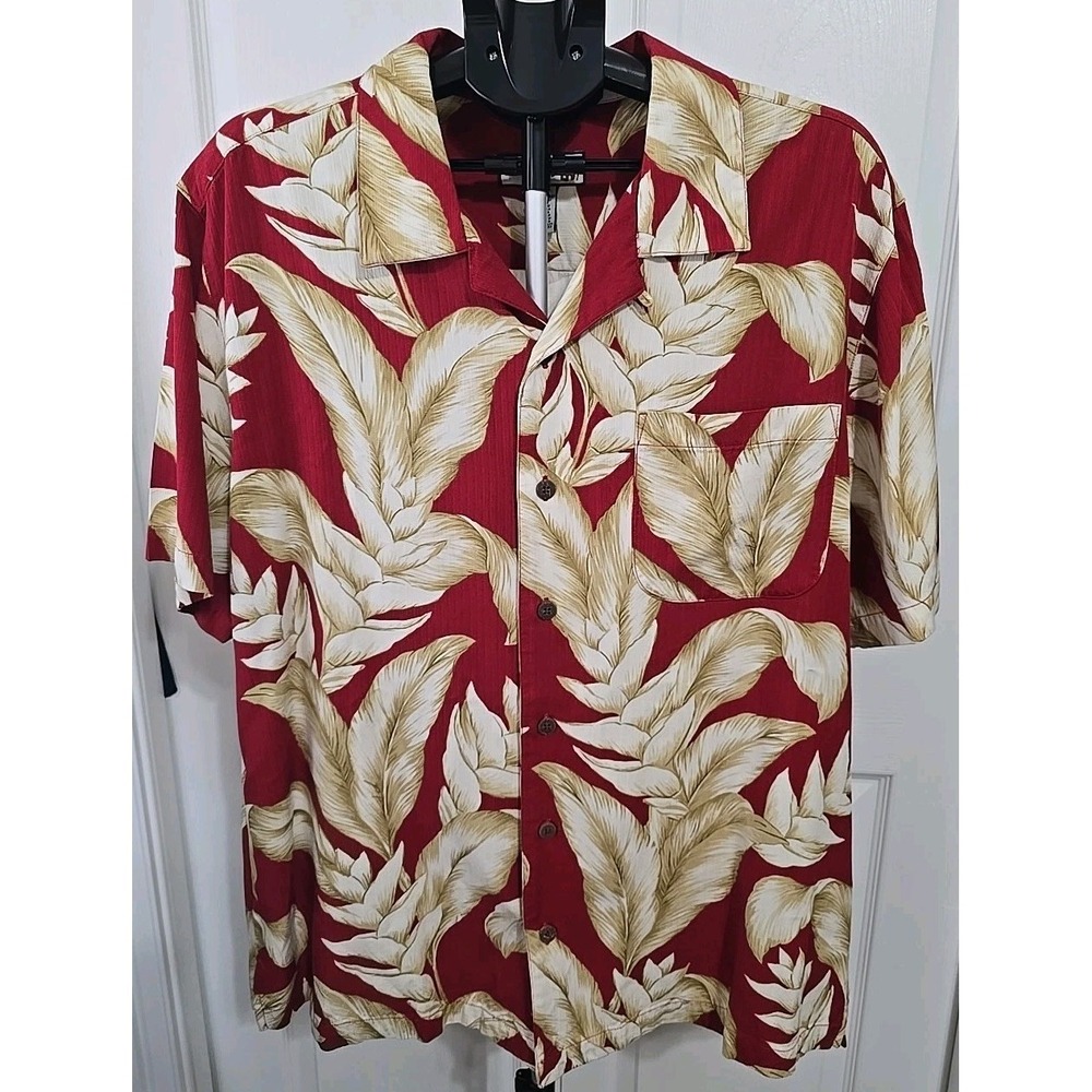 Caribbean Joe Men's XL Button-up Shirt Red With Tan Leaf‎ Print Hawaiian